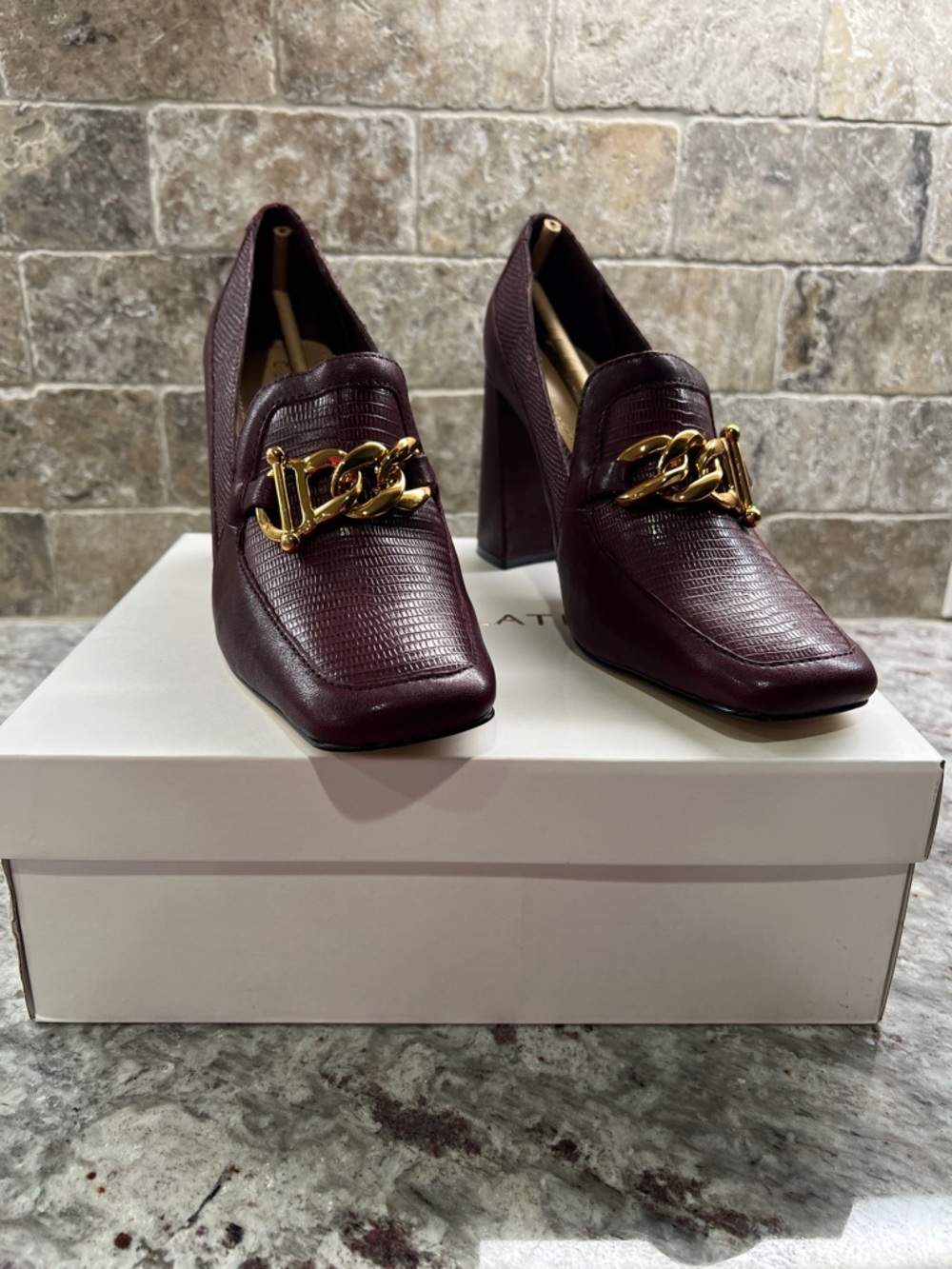 Gibson Latimer Burgundy Chain-Accent Block Heel Loafers